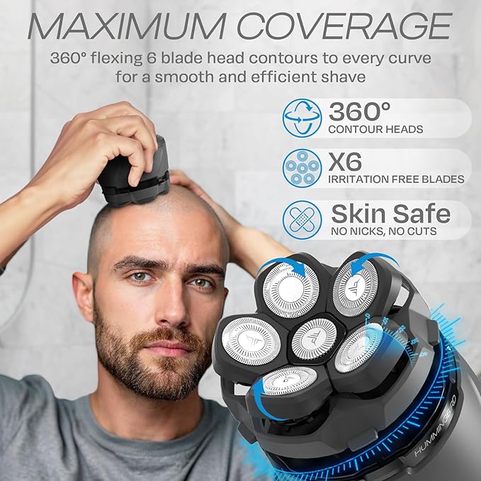HUMMINGBIRD MK3 Stealth Edition Electric Head Shaver - No Nick Electric Razor for Men, Cordless USB C Rechargeable, Waterproof Wet/Dry Shave, 6 Blade Head, LED Display, Rotary Skull Shaver with Case