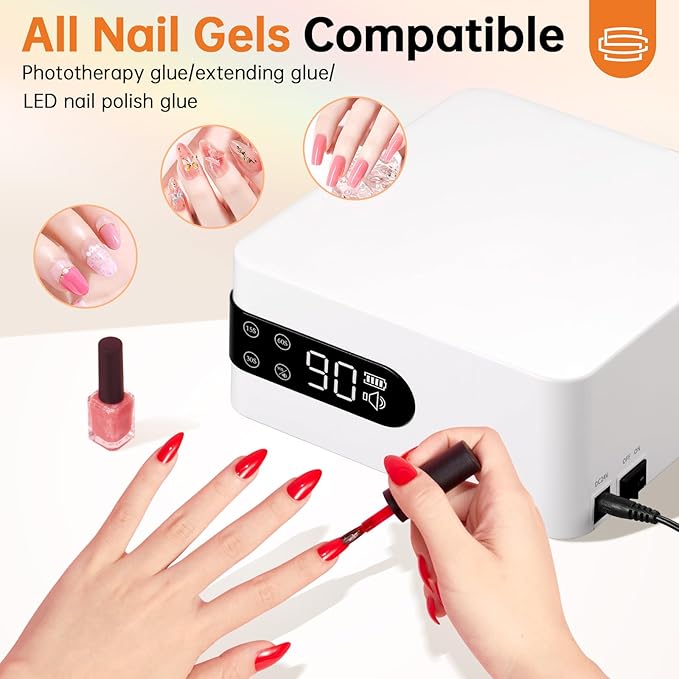 UV LED 96W Nail Lamp Professional Nail Dryer Sparkly Gel Polish Light with 4 Timer Setting LCD Display Quick Dry Curing Lamp with Display Auto Sensor for Salon & Home White
