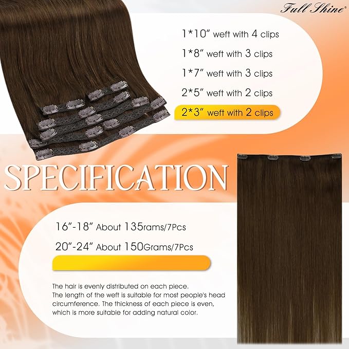 Full Shine 24 Inch Clip in Hair Extensions Human Hair Golden Brown Remy Hair Extensions Brunette Human Hair Clip in Extensions for Women Extra Volume 7 pcs