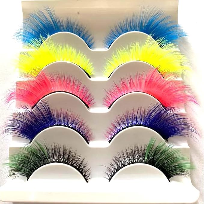 Sunniess Ombre Colored Lashes Silk Protein Fluffy Wispy Volume Fake Lashes for Halloweens Cosplay Party Stage Russian D Curl Lashes with Color Make up Faux Mink False Eyelashes 5 Pairs