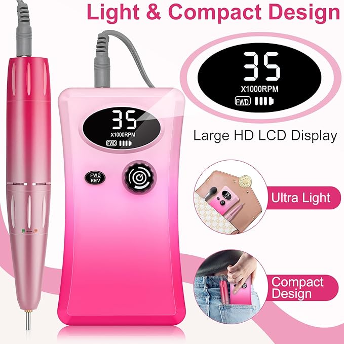 Electric Nail Drill, Urbuti 35000RPM Professional Nail Drill Machine, Portable Rechargeable File Machine Set for Acrylic Gel Nails, Manicure Pedicure Tools for Home and Salon Use(Colorful)