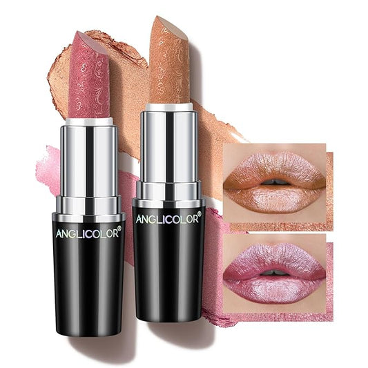 2pcs Glitter Lipstick High Impact Lipcolor,Nude and Pink Lipstick Moisturizing Creamy Formula,Metallic Lipstick For Women For Vegan & Cruelty-Free,Full-Coverage Lip Color