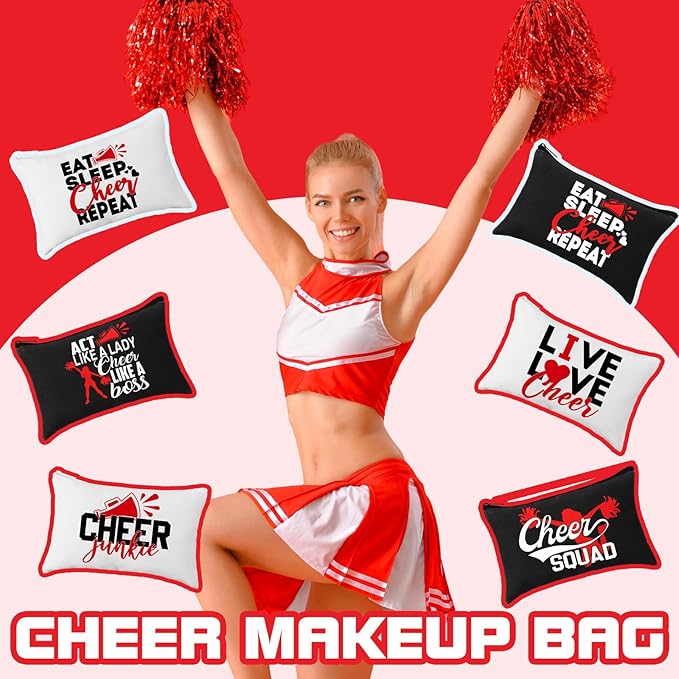 Pinkunn 20 Pcs Cheer Makeup Bags Bulk Cheerleader Gifts for Women Canvas Cheer Cosmetic Pouch Toiletry Zipper Makeup Case Cheerleading Portable Travel Pouch Team Accessories(Red)