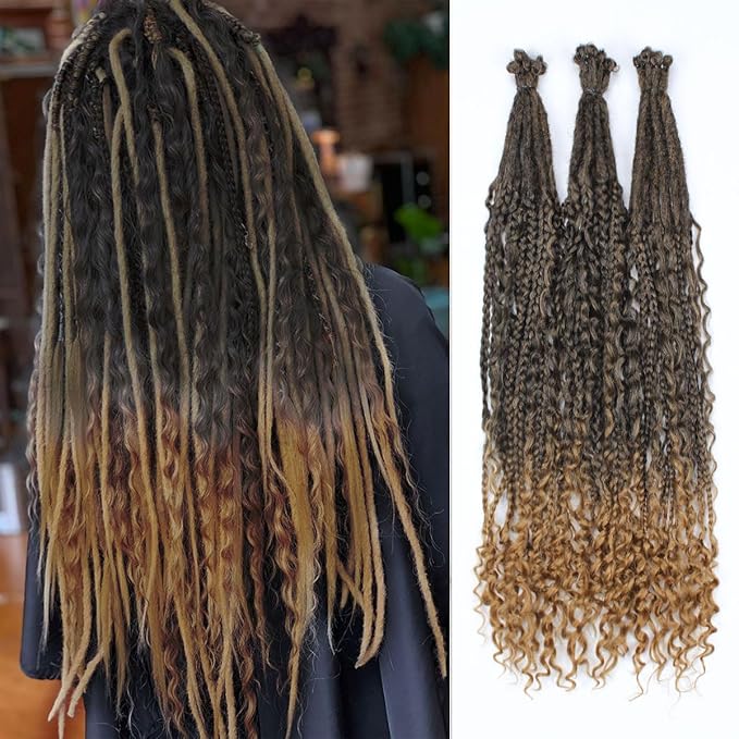 24 In 30 Strands Boho Braid Dreadlock Extensions, Ombre Deep Purple Synthetic Curly Dreads Extensions with Box Braid, 100% Handmade Dreads Hippie Style Dreadlocks for Woman