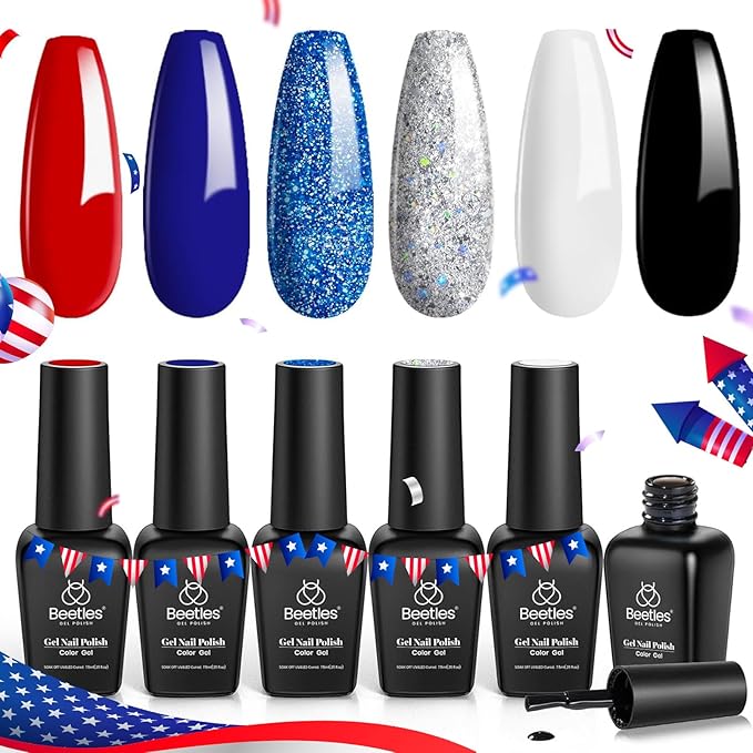 Beetles Gel Nail Polish Set - 6 Colors Red White Navy Blue Gel Polish Sliver Glitter Gel Polish Soak Off Uv Nail Lamp for the July 4th Nails Manicure DIY Nail Art Design Gift for Women Girls