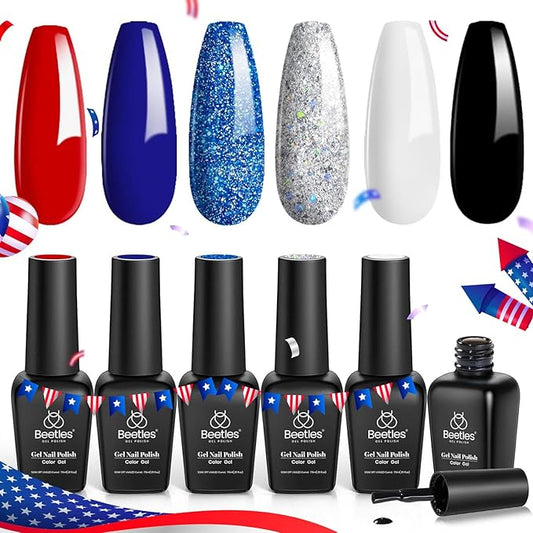 Beetles Gel Nail Polish Set - 6 Colors Red White Navy Blue Gel Polish Sliver Glitter Gel Polish Soak Off Uv Nail Lamp for the July 4th Nails Manicure DIY Nail Art Design Gift for Women Girls