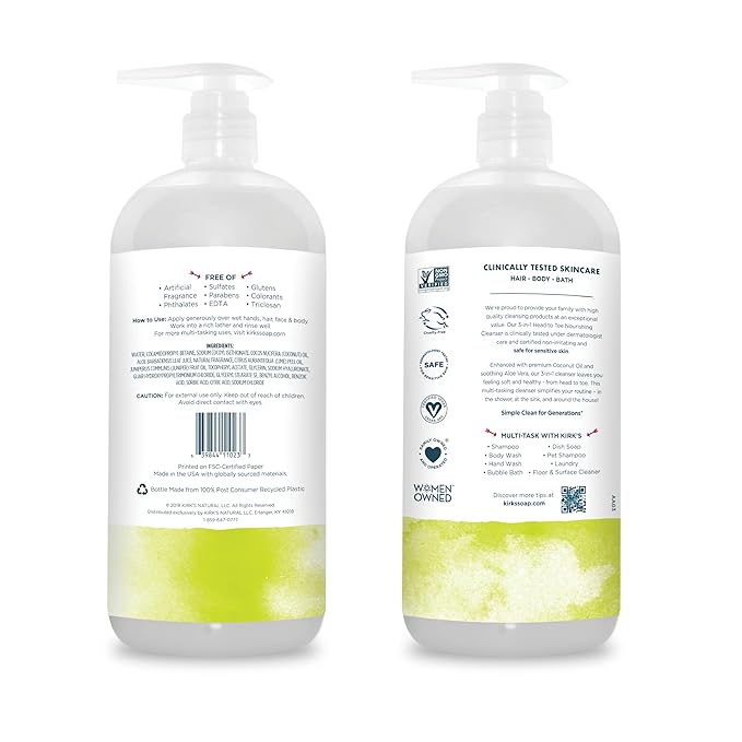 Kirk's 3-in-1 Head to Toe Nourishing Liquid Cleanser- for Men, Women & Children - Premium Coconut Oil & Aloe Vera- Non GMO & Vegan -Juniper & Lime - 32 Fl Oz