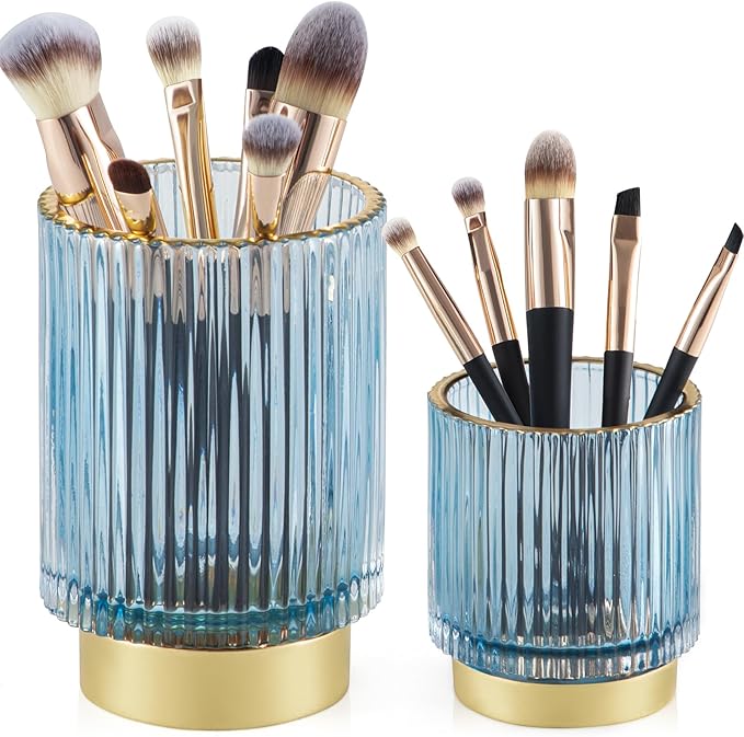 CANITORON Makeup Brush Holder,2 Pack Glass Makeup Brush Holder Organizer Store Cosmetic Tools,Eyeliner,Storage Organizer for Vanity,Bathroom and Bedroom Countertop Storage.(Blue S+L)