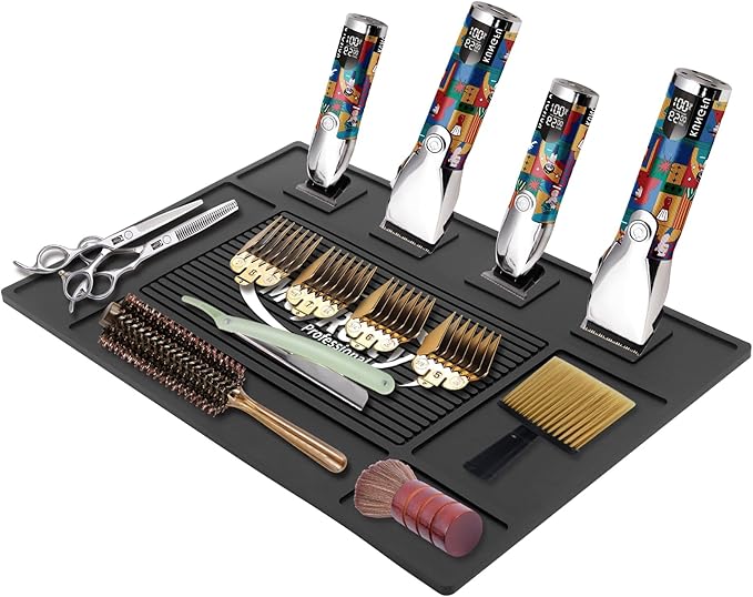 MoyRetty Magnetic Barber Organizer Mat for Clippers(17.7'' x 11.8''), Professional Anti-Slip Heat-Resistant Silicone Pad for Hair Stylist Supplies- 4 Magnets