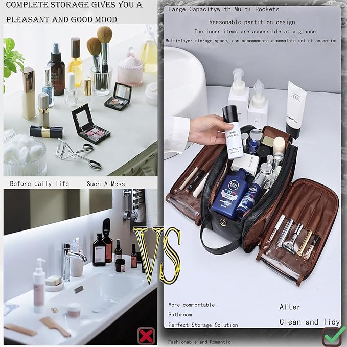 Travel Toiletry Bag for Women PU Leather Triple-layer Double Zipper Toiletry Bags,Waterproof with Handle Mens Toiletry Bag Stowable Brushes, Toiletries Makeup for Business Trips Camping Bathroom Black