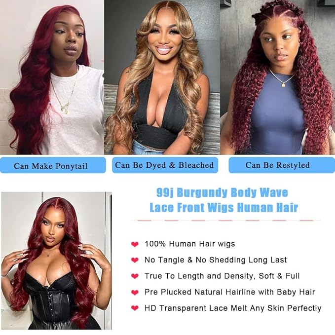 99J Burgundy Lace Front Wigs Human Hair Red Wig 22 Inch Burgundy Wig Human Hair 13x4 HD Body Wave Lace Front Wigs Human Hair 180 Density Pre Plucked Glueless Frontal Wigs Human Hair for Women