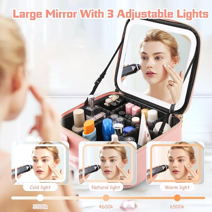 Makeup Bag With Mirror is with Waterproof Design, Best Gift is Makeup Case With Lighted Mirror.Make Up Bag With Mirror And Light 3 Color Scene (pink)