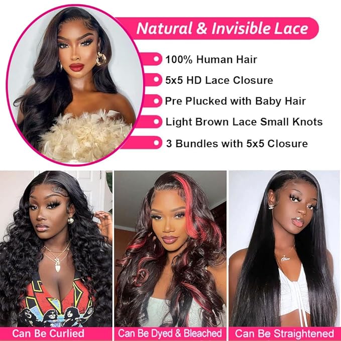 Body Wave Human Hair Bundles with Closure (24 26 28+20) 5x5 HD Closure with Bundles Human Hair 3 Weave 12A Brazilian 100% Unprocessed Virgin Weft Hair Free Part