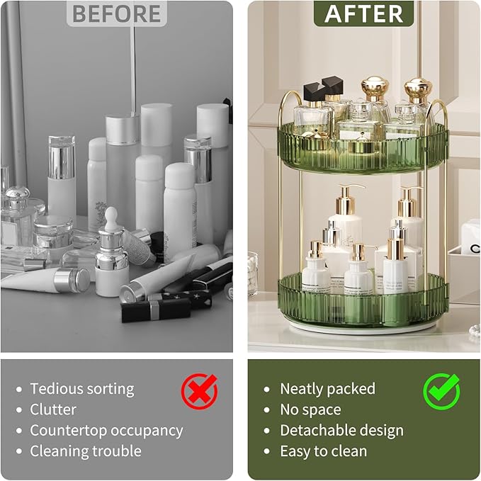 360° Rotating Makeup Organizer for Vanity - 2 Tier Perfume Organizer with Large Capacity - Skincare Organizer for Bathroom Counter - Space-Saving Cosmetic Storage for Dresser Countertop (Green)