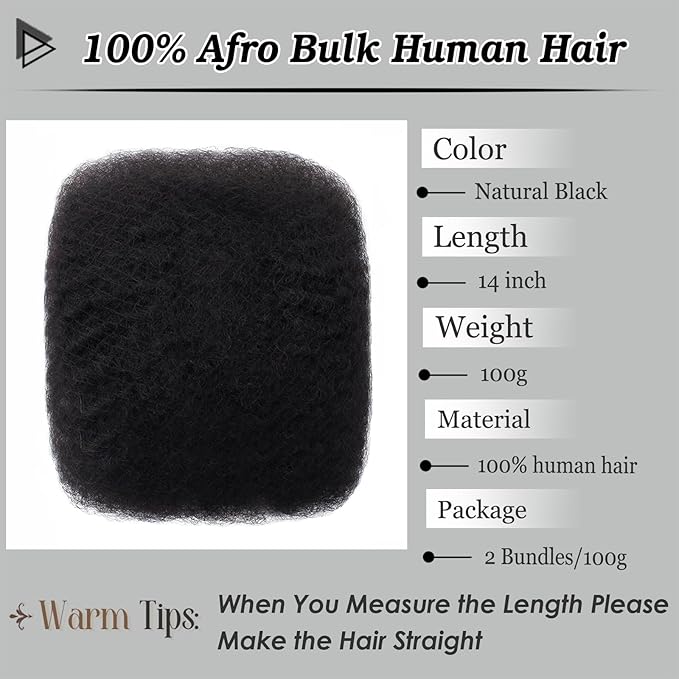 Afro Kinkys Bulk Human Hair 14 Inch 100g Nature Black Afro Kinky Curly Human Hair Bulk for Dreadlock Extensions, Micro Locs, Braiding Twists, Braids and Repair Locs(14 Inch, 1b#)