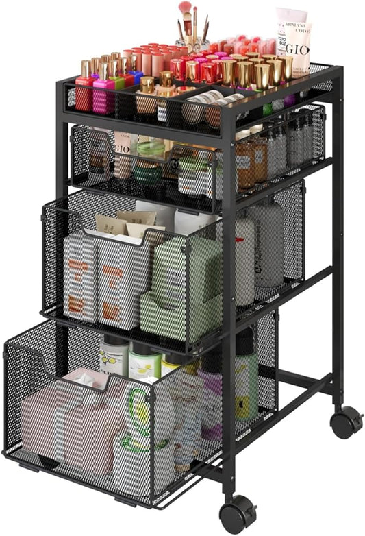 JKsmart Rolling Makeup Cart Organizer with 3 Drawers, Cosmetics Display with Dividers, Floor Skincare Storage with Wheels, Versatile Vanity Organizer for Nail Polish Perfume Brush Hair Tool, Black