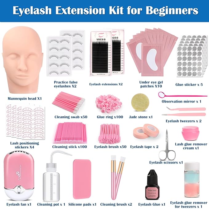 Eyelash Extension Kit for Beginners, Lash Extension Kit with Mannequin Head, Lash Starter Kit with Lash Fan, Extension Glue and Eyelash Remover for Lash Training