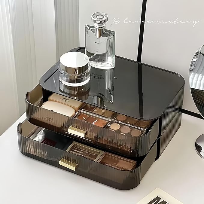 Stackable Cosmetics Organizer Drawers, Bathroom Vanity Makeup Organizer and Storage, Ideal for Desk and Dresser Countertops, Great for Palette, Skincare, Lipsticks, Nail Care-Black