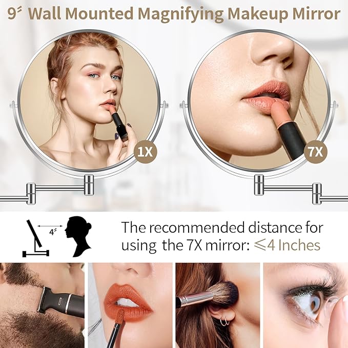 9” Large Wall Mounted Makeup Mirror 1X/7X Double-Side Bathroom Magnifying Mirror 360 Swivel Vanity Mirror Extendable Shaving Wall Mount Cosmetic Mirror for Men and Women, Chrome