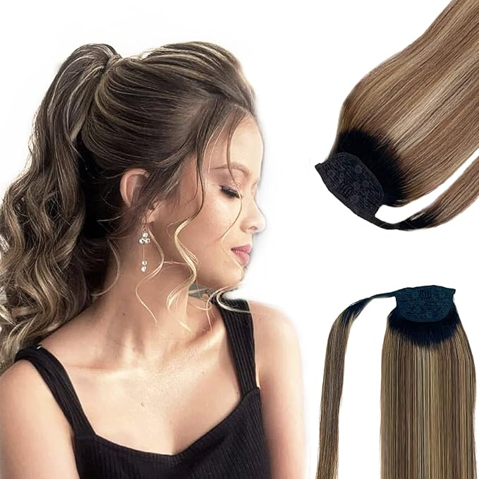 Ponytail Extension Human Hair Black to Chocolate Brown Mix Caramel Blonde Highlights Ponytail Hair Pieces Clip in Wrap Around Pony Remy Hair Extensions for Women 18 Inch 80G #1BT427