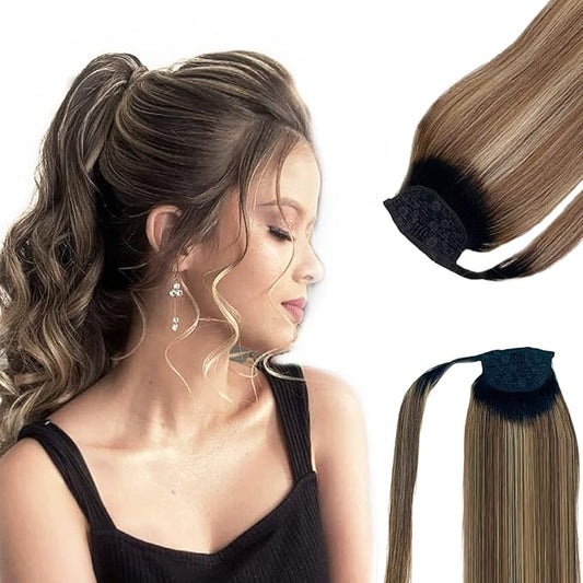 Ponytail Extension Human Hair Black to Chocolate Brown Mix Caramel Blonde Highlights Ponytail Hair Pieces Clip in Wrap Around Pony Remy Hair Extensions for Women 18 Inch 80G #1BT427