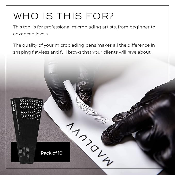 MADLUVV Nano 18u Professional Brow Artistry Pens for Flawless Eyebrows, Premium Pens for Pigment Ink, 18mm Sterile Disposable Micro Brow Sharp – 10 Pack