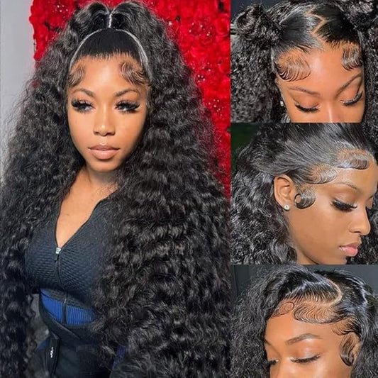 Aomllute Deep Wave Lace Front Wigs - Human Hair, 26 Inch, 200 Density, HD Lace Frontal, Pre-Plucked, Curly, Glueless