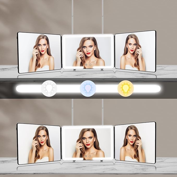 JANMPASK LED 3 Way Mirror for Hair Cutting, Adjustable 360 Trifold Barber Mirror Self Hair Cutting with 3 Color Temps LED Light & Telescoping Hooks for Makeup, Shaving & Styling