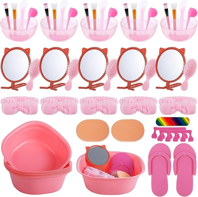 64 Pcs Kids Foot Spa Kit for Girl Spa Party with Pink Washbasin Salon Towels Nail Kit for DIY Manicure, Sleepover Party Favors for Little Ones, Foot Care Kit (Pink2)