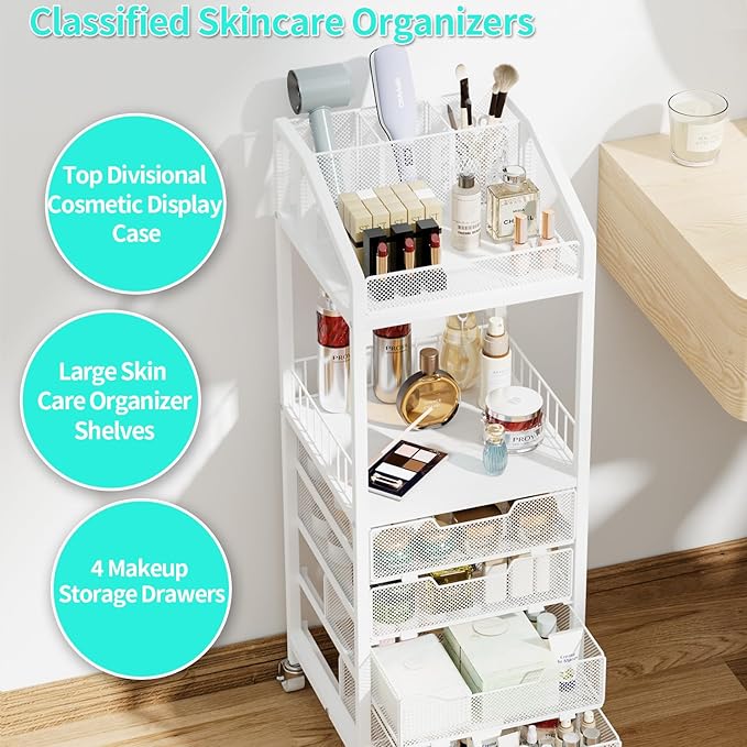 HapiRm Makeup Organizer Storage Cart - Floor Skincare Make Up Storage with 4 Drawers, Rolling Makeup Cart Vanity Organizer Cosmetics Display Cases Holder for Skin Care Perfume Nail Polish