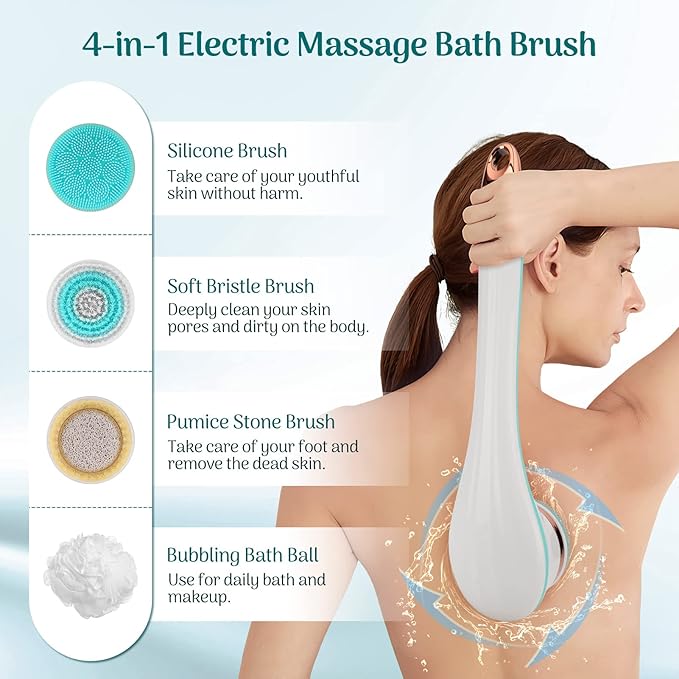 Color You Electric Body Brush for Exfoliating and Massage, Long Handle Electric Bath Brush Rechargeable Body Scrubber, Soft Silicone Spinning Skin Brush with 4 Spin Brush Heads for Man and Women