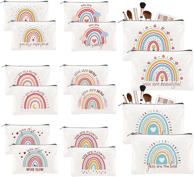 16PCS Rainbow Canvas Cosmetic Bag Bulk Inspirational Quotes Makeup Bags with Zipper Toiletry Bag Encouragement Travel Pouch for Women Girls Teacher Friend Birthday