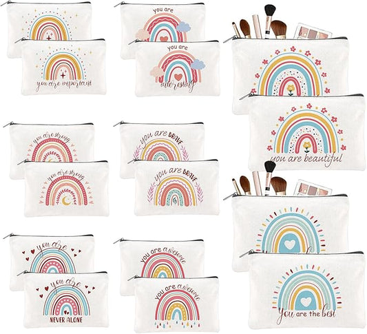 16PCS Rainbow Canvas Cosmetic Bag Bulk Inspirational Quotes Makeup Bags with Zipper Toiletry Bag Encouragement Travel Pouch for Women Girls Teacher Friend Birthday
