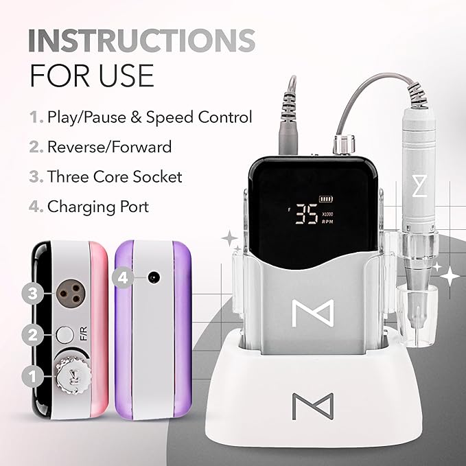 M Mase- Professional Nail Drill Machine - 2-in-1 Nail File - Cordless, 35000 RPM, HD Display - Gift for Her - Electric Nail Drill for Professional & Home Use (White)