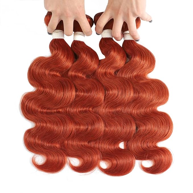 REMY HAIR Human Hair Bundles with Closure Body Wave #350 Ginger Orange Brazilian Human Hair Bundles Curly Wave Hair Extensions 16 18 20 Inch with Closure 14