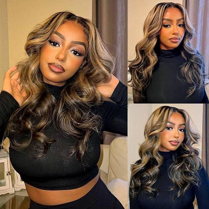 32 Inch Highlight Ombre Lace Front Wigs Human Hair Pre Plucked With Baby Hair 4/27 Colored 13x4 Body Wave Lace Frontal Wigs 180% Density Honey Blonde Lace Front Wig Human Hair