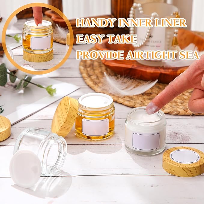Layhit 12 Pcs Glass Jars with Lids Clear Small Jars with Plastic Woodgrain Lids, White Labels and Inner Liners Empty Round Cosmetic Containers for Creams Lotions Powder Candle Making (2oz/ 60ml)