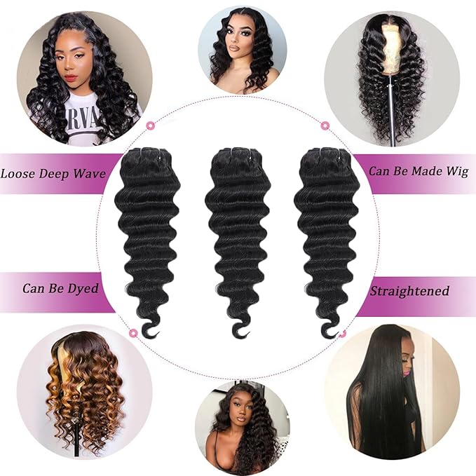 Loose Deep Wave Bundles with Closure 14 16 18 +12 Inch 100% Unprocessed Brazilian Virgin Hair Bundles with Closure Wet and Wavy Curly Weave 3 Bundles and Closure Natural Color for Women