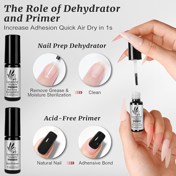 Lavender Violets 6 Pcs Gel Base and Top Coat Set: Nail Dehydrator and Primer, 5-in-1 Builder & Rubber Base Coat, Matte & No-Wipe Top Coat Long-Lasting Manicure C200