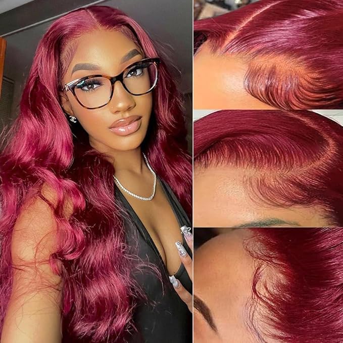 99j Burgundy Lace Front Wigs Human Hair 26 Inch 13x4 Body Wave Burgundy Lace Front Wigs 180 Density HD Transparent Glueless Wigs Human Hair Pre Plucked with Baby Hair
