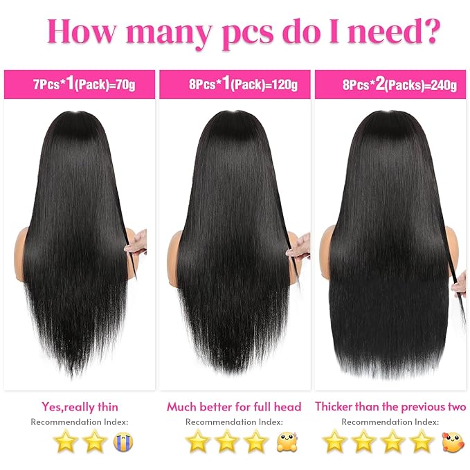 Clip In Human Hair Extensions,Double Weft Hair Extensions 70g 7pcs Silky Straight Human Hair Clip In Extensions #1B Natural Black 14inch