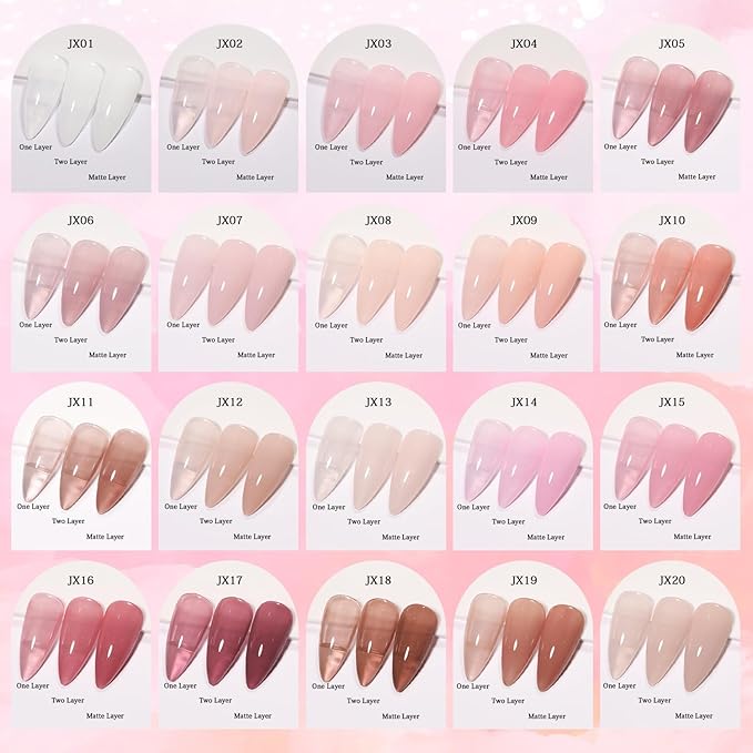 24 Pcs Jelly Nude Gel Nail Polish Set, Sheer Pink Colors Gel Polish Kit with Glossy & Matte Top Coat and Base Coat for Nail Art DIY Manicure and Pedicure at Home