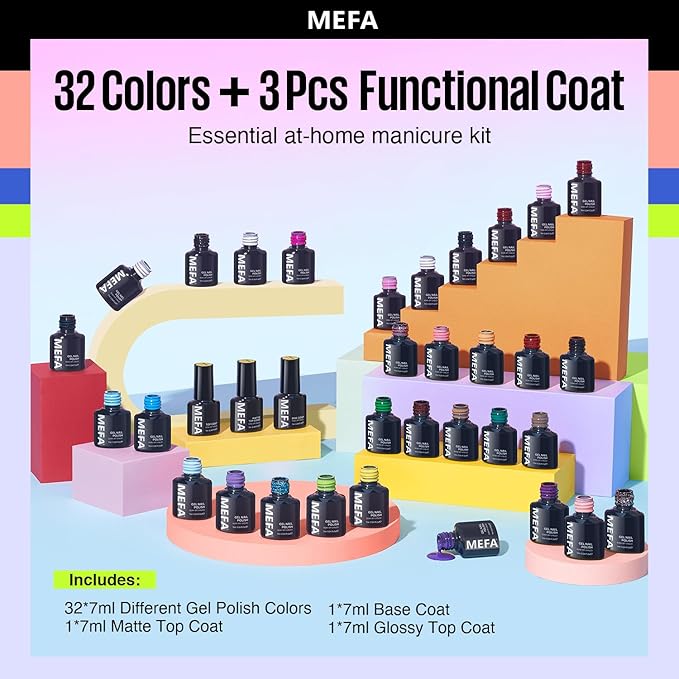 MEFA 35 Pcs Gel Nail Polish Set, 32 Colors All Seasons Collection Gel Nail Polish Set with Matte/Glossy Base Top Coat Manicure DIY Salon Home Decoration Beginners Gifts for Women