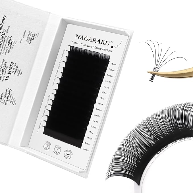 NAGARAKU Individual Eyelash Extensions, Luxury Collected Classic Single Lashes Upgraded 3rd Generation Soft Natural Beauty Salon Professional Lash Supplies 16 Rows Matte Black -0.10 C Curl 14mm