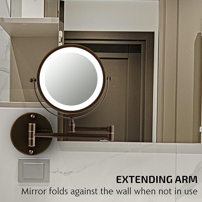 OVENTE 7" Lighted Wall Mount Makeup Mirror with 1X/7X Magnification, Cordless Double Sided Magnifying Round Vanity Mirror, 360° Swivel Design, Extendable and Folding Arm, Antique Bronze MFW70ABZ1X7X