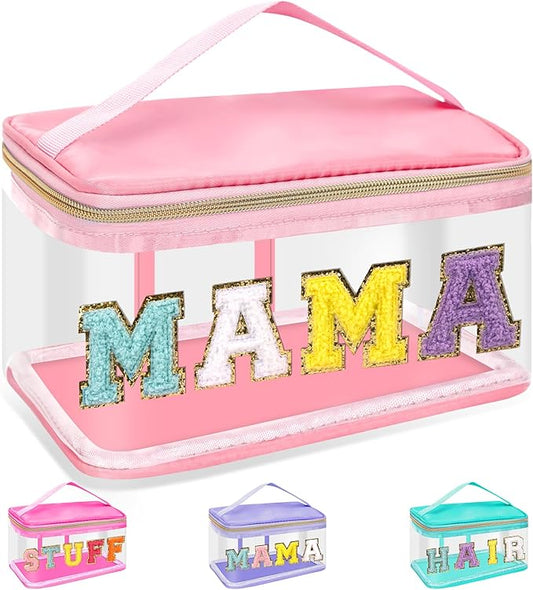 Chenille Letter Clear Makeup Bags Mama Pouch, Preppy Patch Makeup Bag Zipper with Handle, Transparent PVC & Nylon Waterproof Glitter Cosmetic Handbag Travel Toiletry Storage for Women Girl(MAMA-Pink)