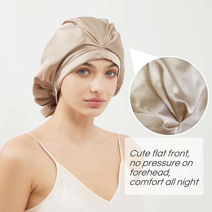 RachelSilk 100% Mulberry Silk Sleep Cap, Grade 6A 19 Momme Silk for Women Hair Care, Silk Night Bonnet with Elastic Stay On Head, Silk Cap After Shower, for Small -Medium Head Size (Taupe)