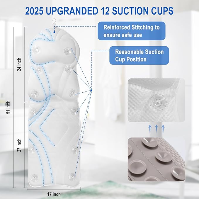 Full Body Bath Pillow for Bathtub, Thick Bathtub Cushion for Soaking Tub with Laundry Bag, Bathtub Accessories Bathtub Pillow Luxury Bathtub Pillows for Head,Neck & Back (White)