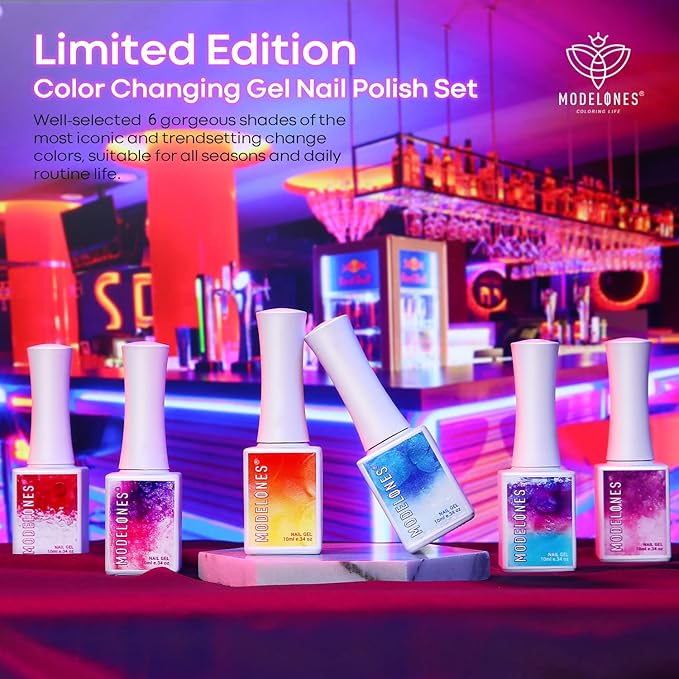 modelones Gel UV LED Nail Lamp with UV Gloves and Color Changing Gel Nail Polish - 6 Colors 10ml Pink Glitter Blue Purple Orange Mood Temperature Change Gel Polish Set Summer Soak Off Nail Polish DIY