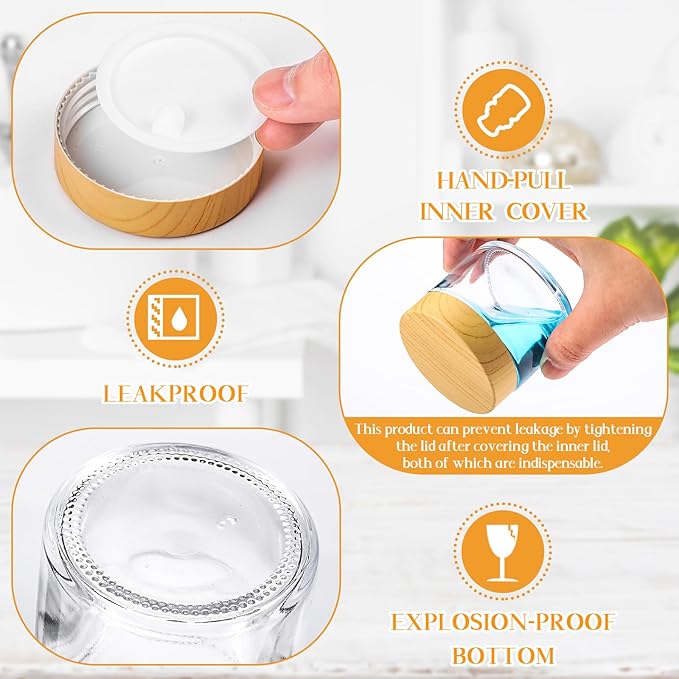 Layhit 12 Pcs Glass Jars with Lids Clear Small Jars with Plastic Woodgrain Lids, White Labels and Inner Liners Empty Round Cosmetic Containers for Creams Lotions Powder Candle Making (2oz/ 60ml)